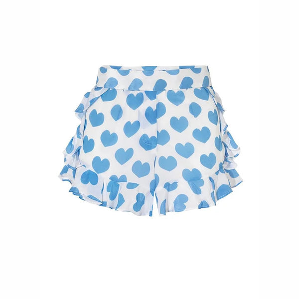 Light Blue Conversational Print One Piece Swimsuit With Ruffle Shorts