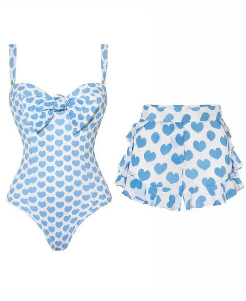 Light Blue Conversational Print One Piece Swimsuit With Ruffle Shorts