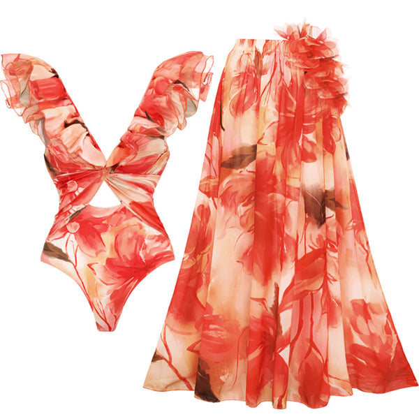 Multicolor Floral Ruffle One Piece Swimsuit With Beach Skirt Set