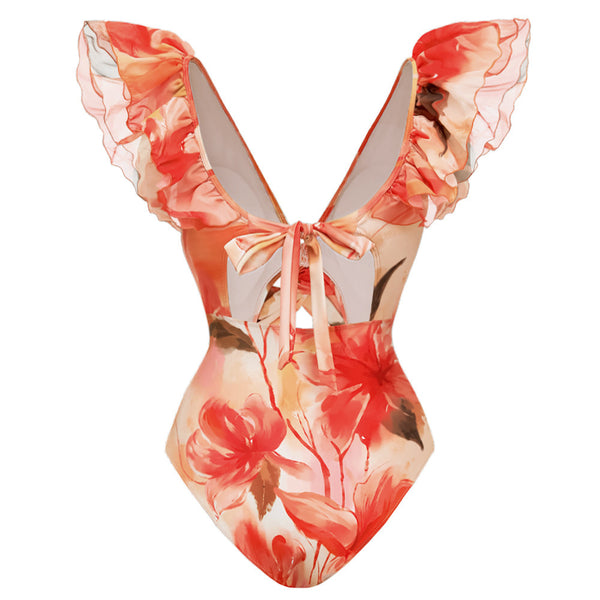 Multicolor Floral Ruffle One Piece Swimsuit With Beach Skirt Set