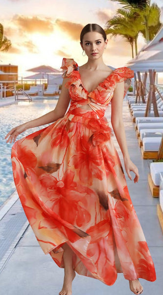 Multicolor Floral Ruffle One Piece Swimsuit With Beach Skirt Set