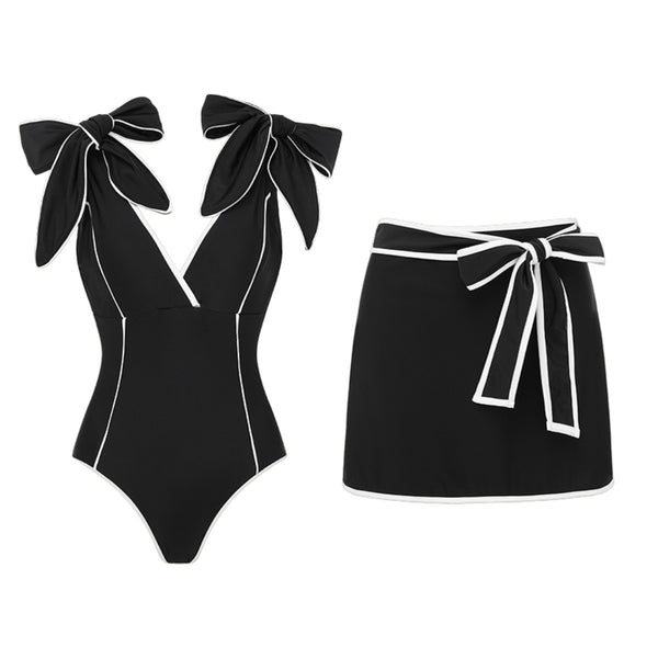 Black Solid Monokini Swimsuit With Beach Skirt Set