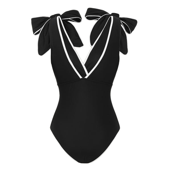 Black Solid Monokini Swimsuit With Beach Skirt Set