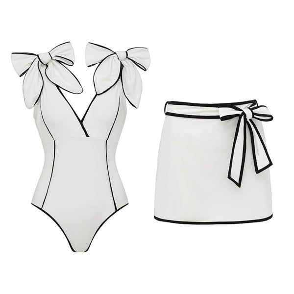 White Solid Monokini Swimsuit With Beach Skirt Set