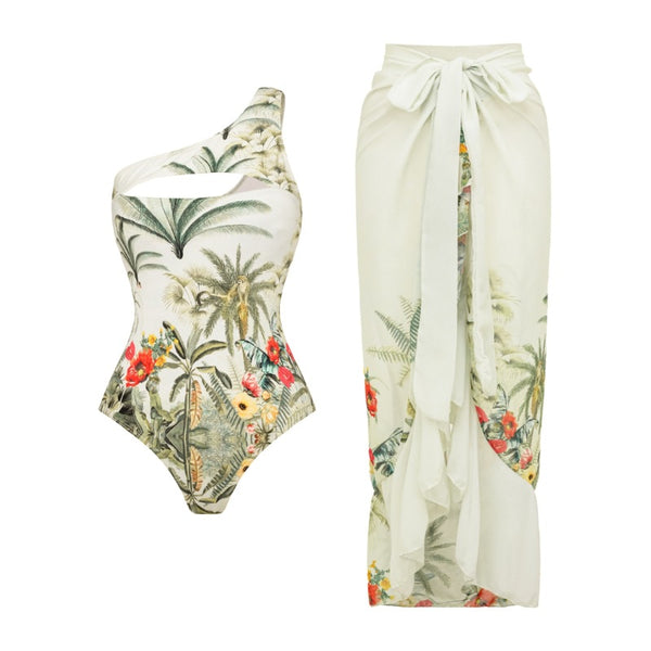 Light Green Tropical Monokini Swimsuit With Sarong