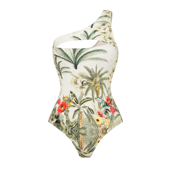 Light Green Tropical Monokini Swimsuit With Sarong