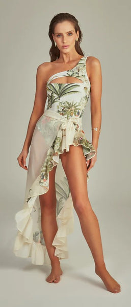 Light Green Tropical Monokini Swimsuit With Sarong