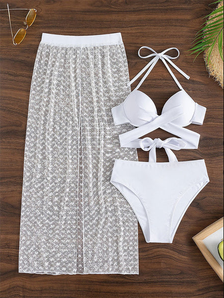 Wrap Cross Tie Back Push Up Bikini Set With Beach Skirt White