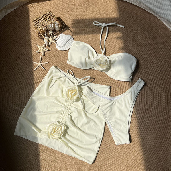 Halter Neck Rosalie Rosette 3 Piece Bikini Set White