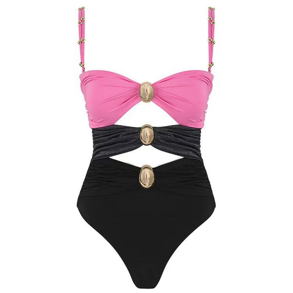 One Piece Swimsuit with Beach Cover up Wrap Skirt Pink