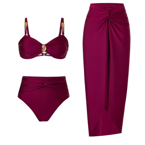 Solid Front Metal Décor Three Piece Swimsuit Maroon