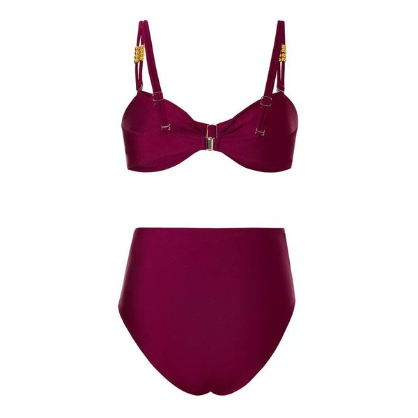 Solid Front Metal Décor Three Piece Swimsuit Maroon