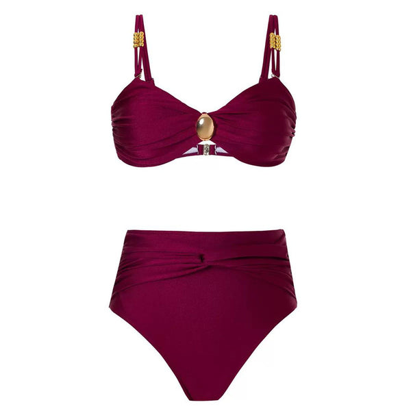 Solid Front Metal Décor Three Piece Swimsuit Maroon