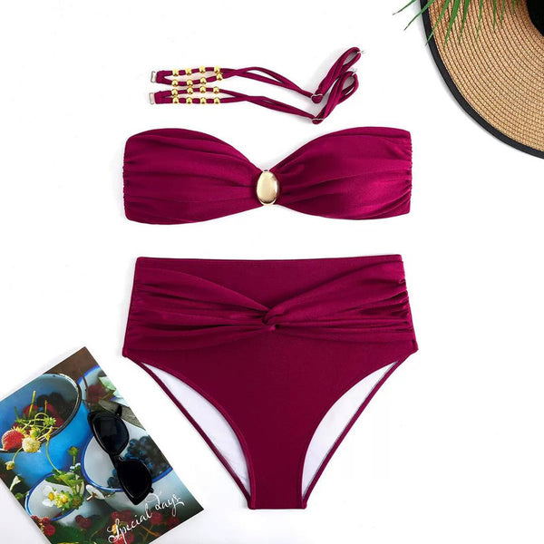 Solid Front Metal Décor Three Piece Swimsuit Maroon
