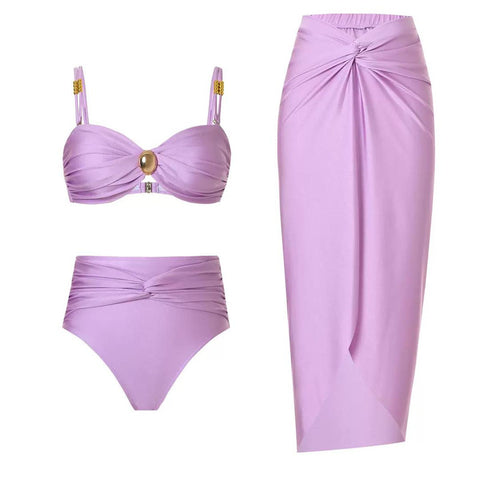 Solid Front Metal Décor Three Piece Swimsuit Purple