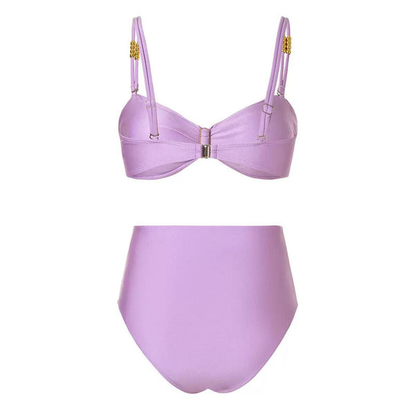 Solid Front Metal Décor Three Piece Swimsuit Purple