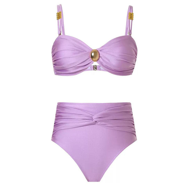 Solid Front Metal Décor Three Piece Swimsuit Purple