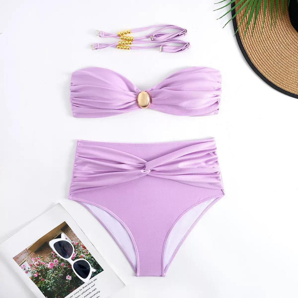 Solid Front Metal Décor Three Piece Swimsuit Purple