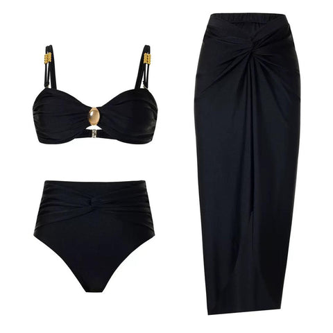 Solid Front Metal Décor Three Piece Swimsuit Black