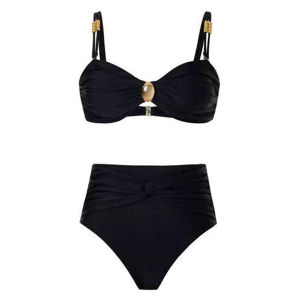 Solid Front Metal Décor Three Piece Swimsuit Black
