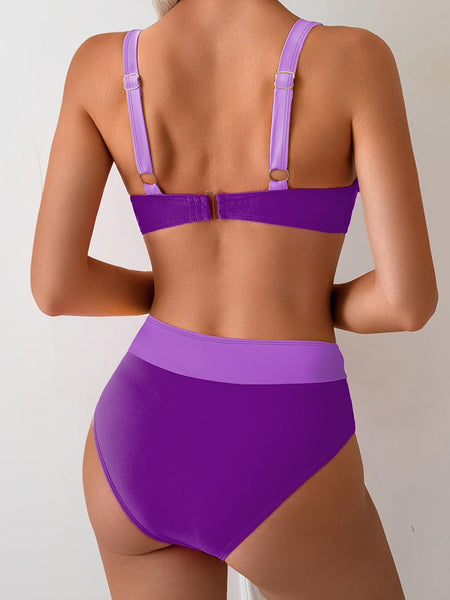 Solid Color Shoulder Straps Two piece Swimsuit Purple