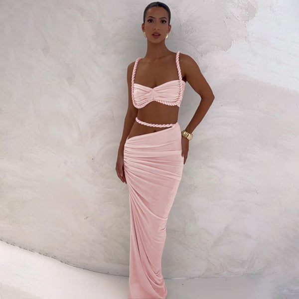 Light Pink Solid Bikini Set Maxi Cover-Up without Pad