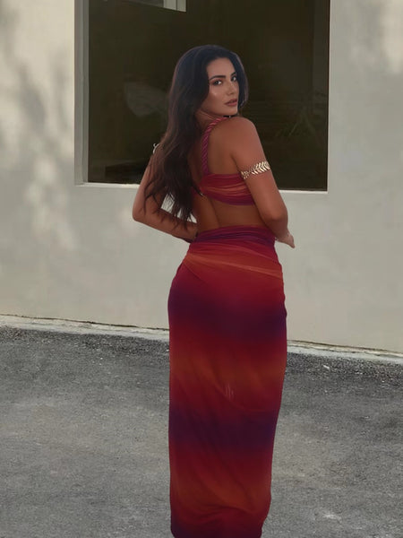 Sunset Shade Braided Bikini Top & Slit Cover Up Skirt Stylish Two Piece Set Without Pads Maroon