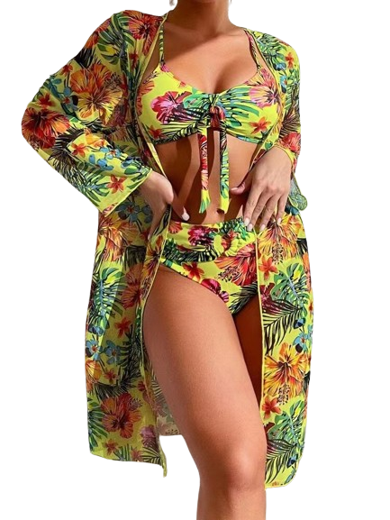 Yellow Swim Classy Floral & Plants Print Bikini 3 Piece Suit