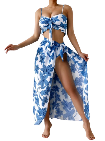 Floral Print 3pack Ruffle Hem Bikini Swimsuit Blue 