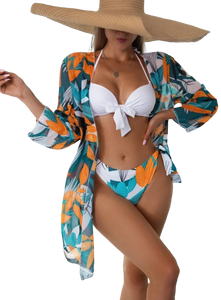 Floral Printed  3-Piece Swimsuit Blue