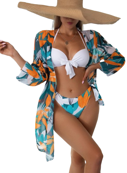 Floral Printed  3-Piece Swimsuit Blue