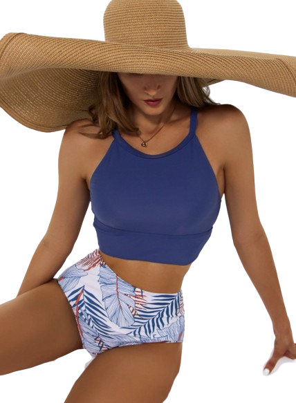 Light Blue Tropical Print Bikini Swimsuit