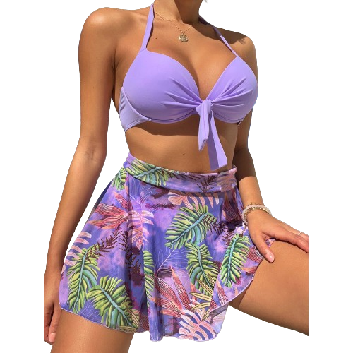 Purple Knot Push Up Bikini Swimsuit & Plant Print Beach Skirt