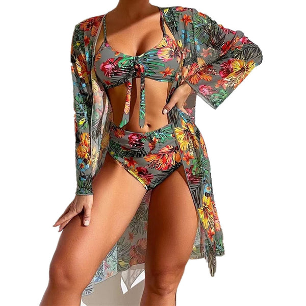 Grey Swim Classy Floral & Plants Print Bikini 3 Piece Suit