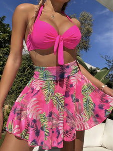 Pink Knot Push Up Bikini Swimsuit & Plant Print Beach Skirt