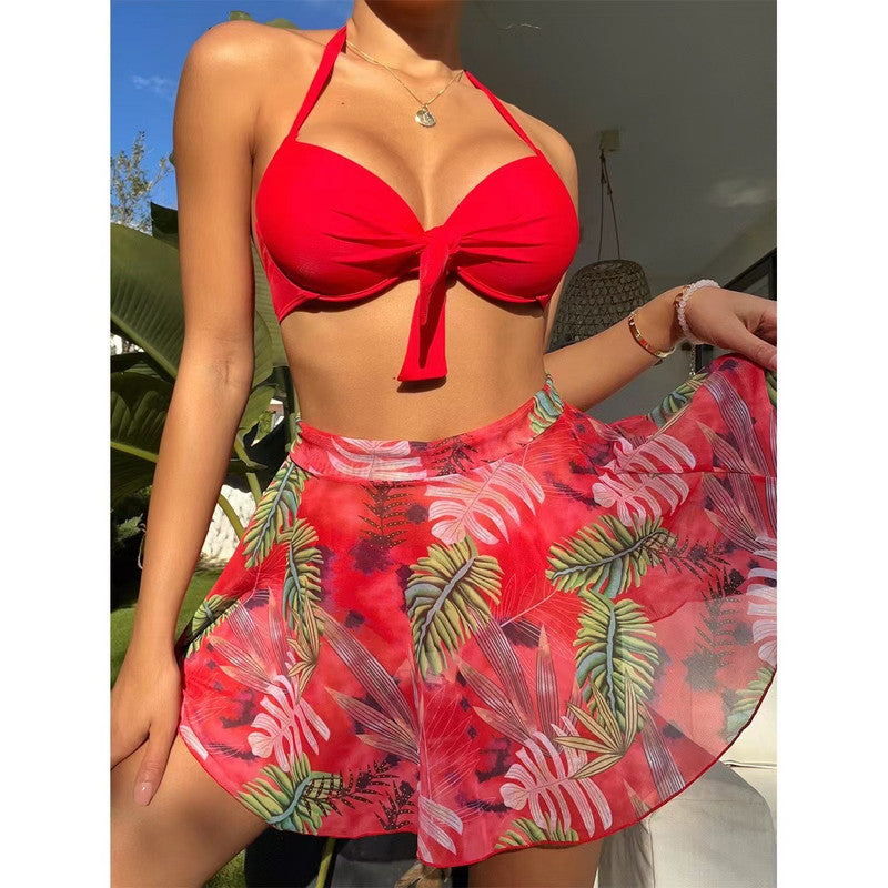 Red Knot Push Up Bikini Swimsuit & Plant Print Beach Skirt