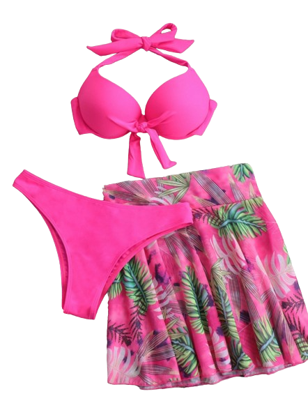 Pink Knot Push Up Bikini Swimsuit & Plant Print Beach Skirt