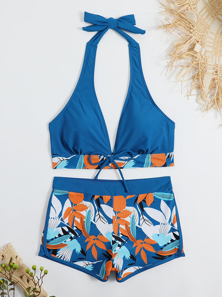 Blue Tropical Leaf Print Tie Bikini and Boardshorts