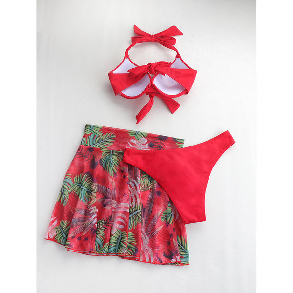 Red Knot Push Up Bikini Swimsuit & Plant Print Beach Skirt
