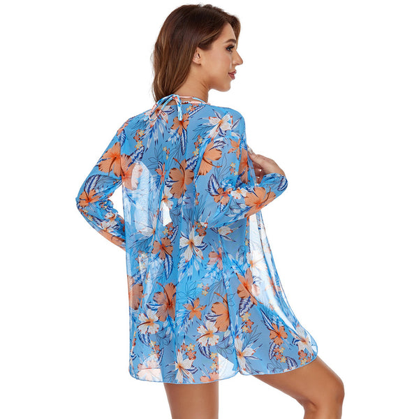 Floral Bikini Set with Swimsuit Cover Up in Blue