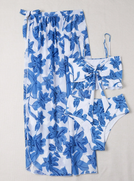 Floral Print 3pack Ruffle Hem Bikini Swimsuit Blue 