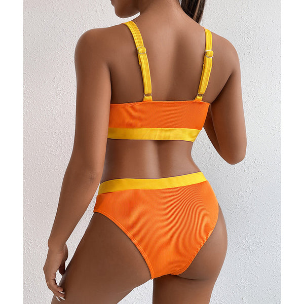 Orange Color Block Ribbed Bikini Swimwear