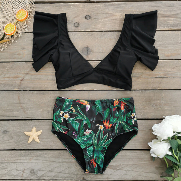 Black Floral Ruffled Hem High Waist Bikini Set