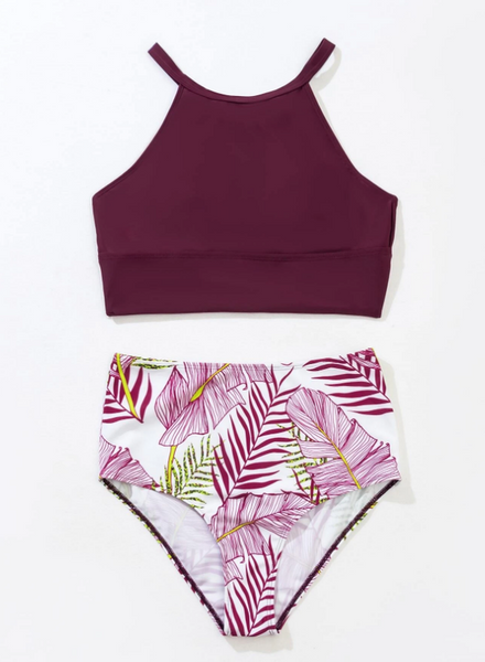 Maroon Tropical Print Bikini Swimsuit