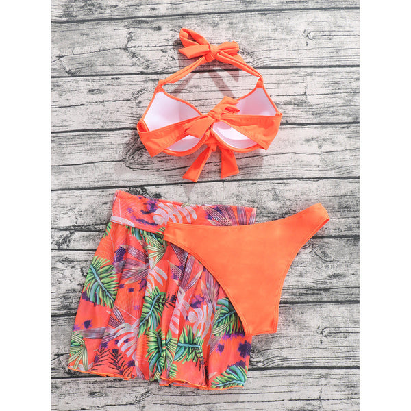 Orange Knot Push Up Bikini Swimsuit & Plant Print Beach Skirt