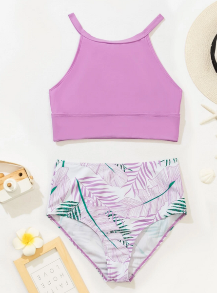 Purple Tropical Print Bikini Swimsuit