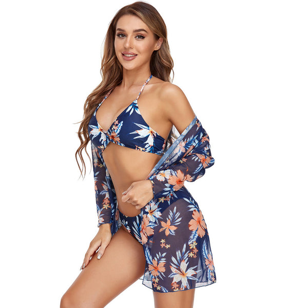 Floral Bikini Set with Swimsuit Cover Up in Sky Blue