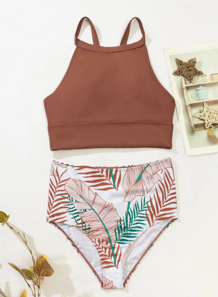 Brown Tropical Print Bikini Swimsuit