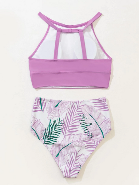 Purple Tropical Print Bikini Swimsuit