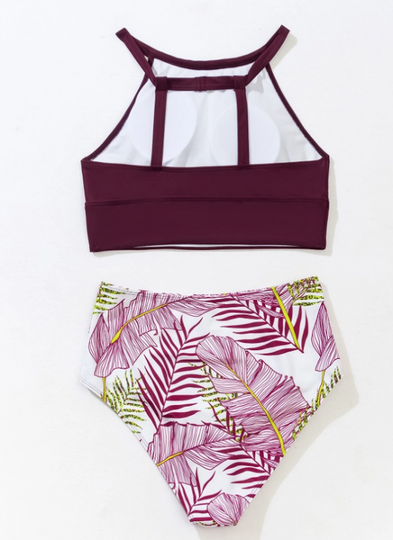 Maroon Tropical Print Bikini Swimsuit